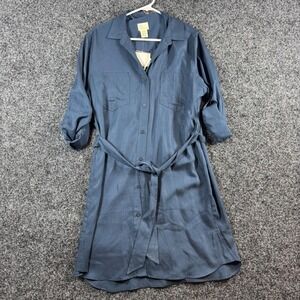 Andrea Jovine Navy Blue 100% Tencel Button Down Belted Shirt Dress Size 14 NWT